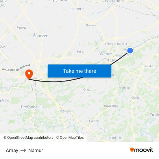 Amay to Namur map