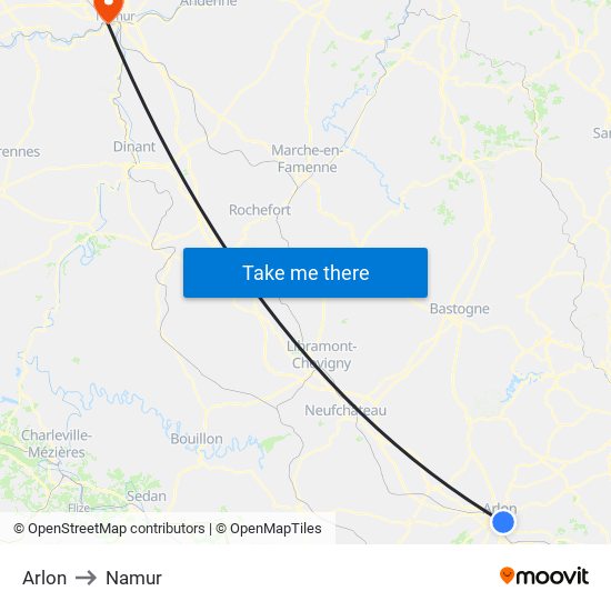 Arlon to Namur map