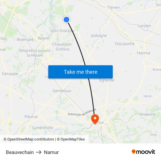 Beauvechain to Namur map