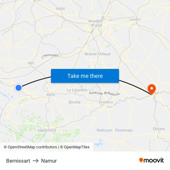 Bernissart to Namur map