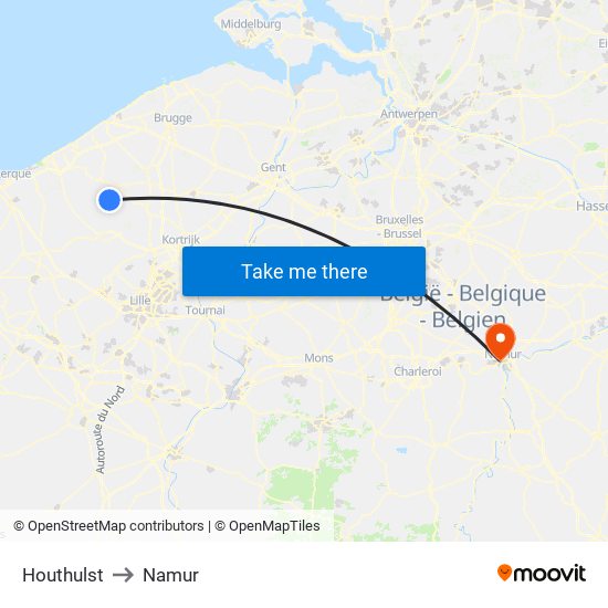 Houthulst to Namur map