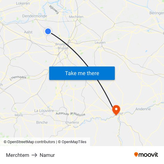 Merchtem to Namur map