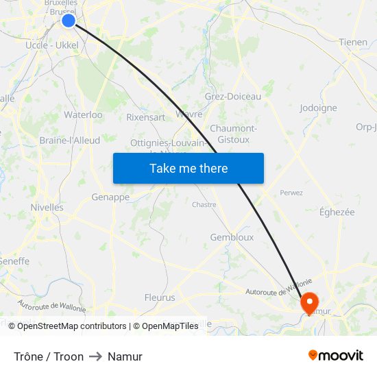 Trône / Troon to Namur map