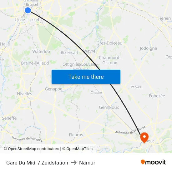 Gare Du Midi / Zuidstation to Namur map