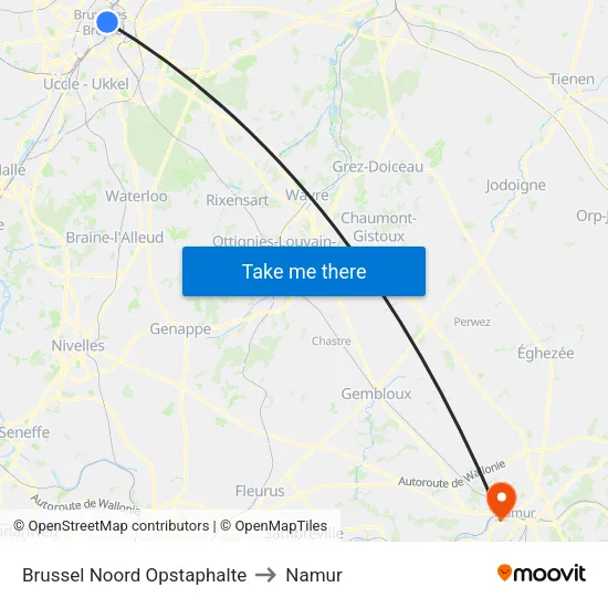 Brussel Noord Opstaphalte to Namur map