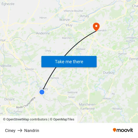 Ciney to Nandrin map
