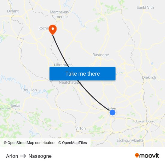 Arlon to Nassogne map