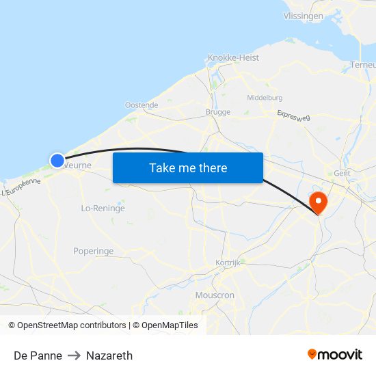 De Panne to Nazareth map