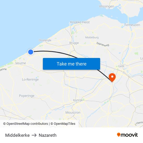 Middelkerke to Nazareth map