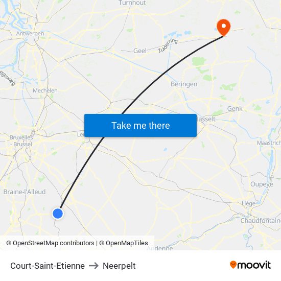 Court-Saint-Etienne to Neerpelt map