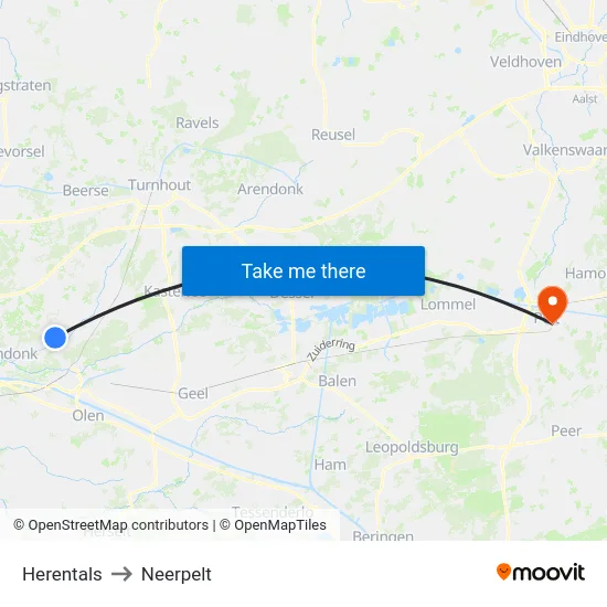 Herentals to Neerpelt map