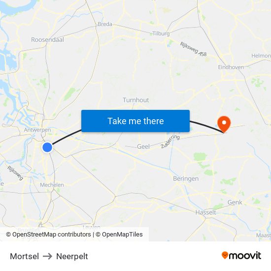 Mortsel to Neerpelt map