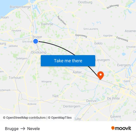 Brugge to Nevele map