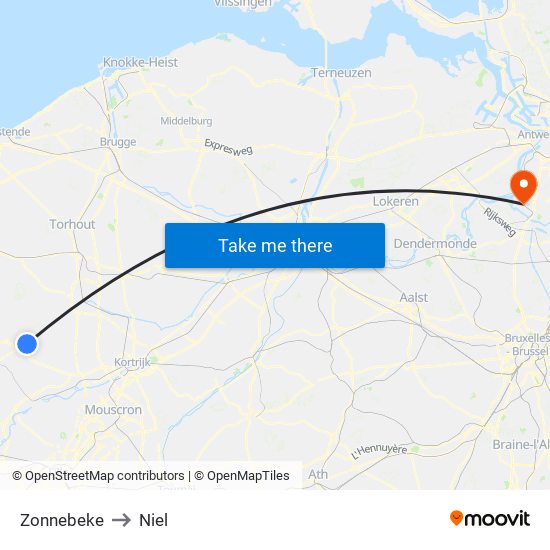 Zonnebeke to Niel map