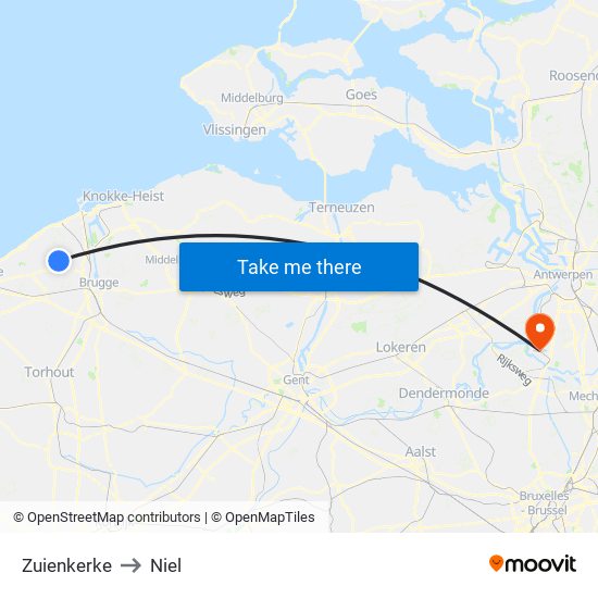 Zuienkerke to Niel map