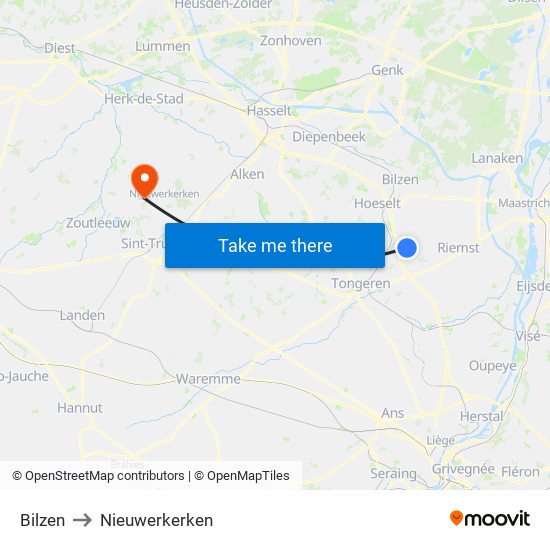 Bilzen to Nieuwerkerken map