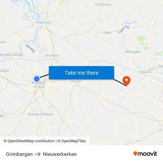 Grimbergen to Nieuwerkerken map