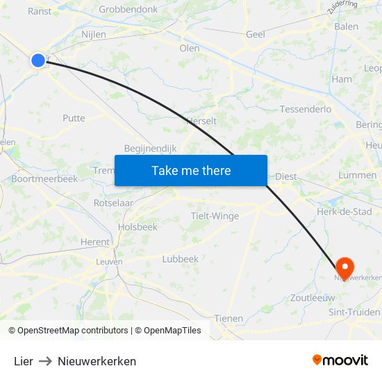 Lier to Nieuwerkerken map