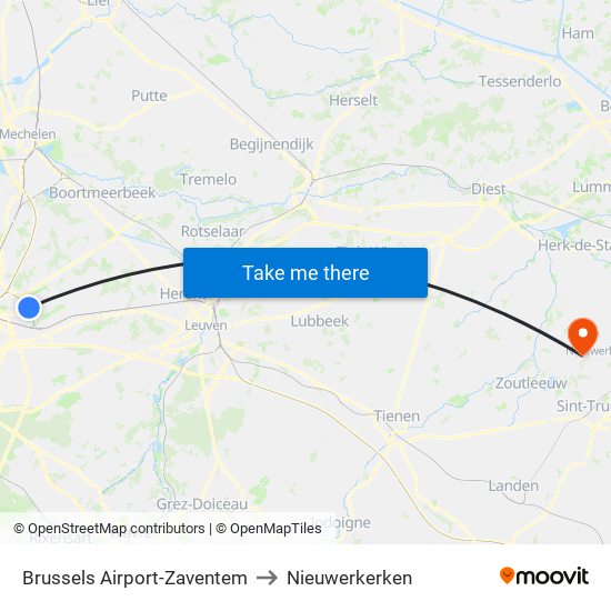 Brussels Airport-Zaventem to Nieuwerkerken map