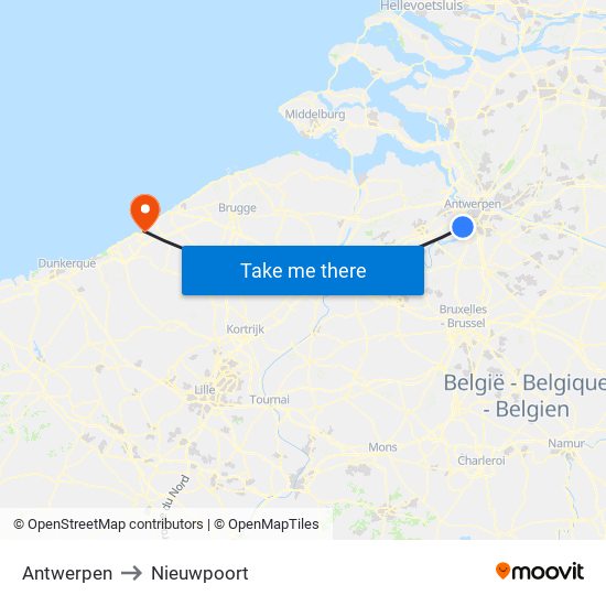 Antwerpen to Nieuwpoort map