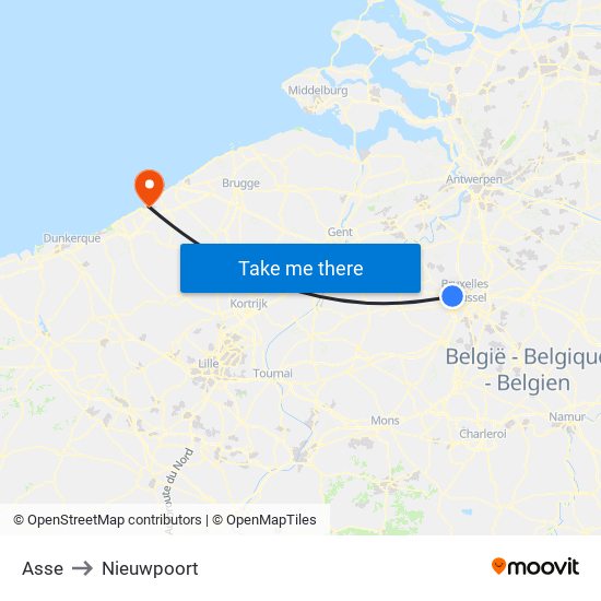 Asse to Nieuwpoort map