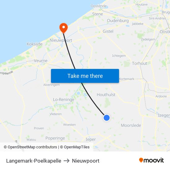 Langemark-Poelkapelle to Nieuwpoort map