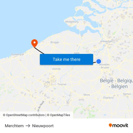 Merchtem to Nieuwpoort map