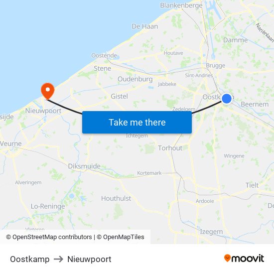 Oostkamp to Nieuwpoort map