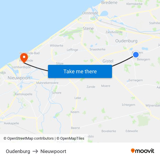 Oudenburg to Nieuwpoort map