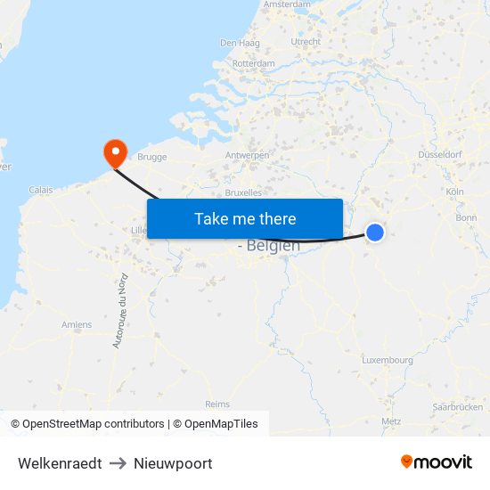 Welkenraedt to Nieuwpoort map