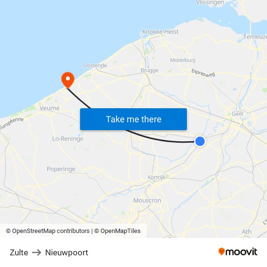 Zulte to Nieuwpoort map