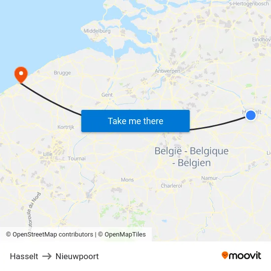Hasselt to Nieuwpoort map