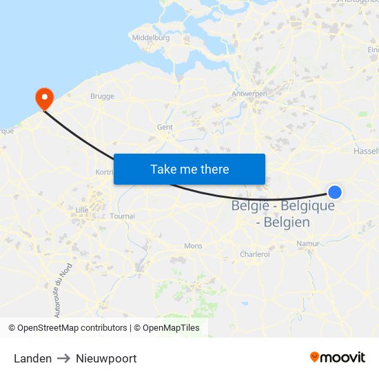 Landen to Nieuwpoort map