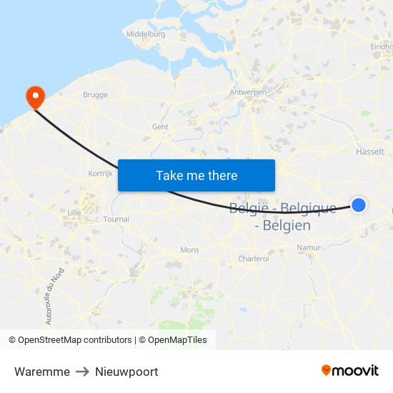 Waremme to Nieuwpoort map