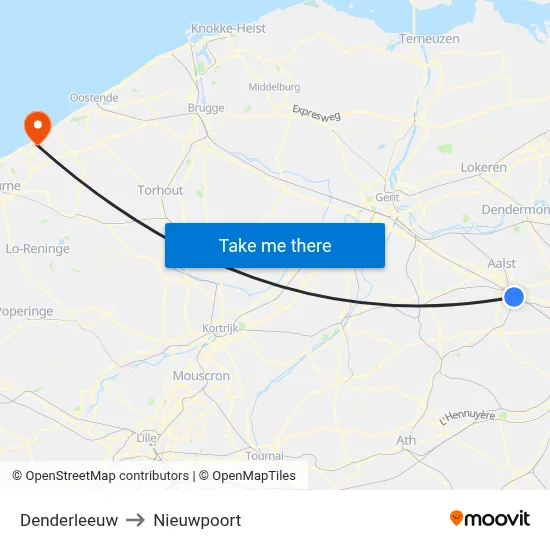 Denderleeuw to Nieuwpoort map