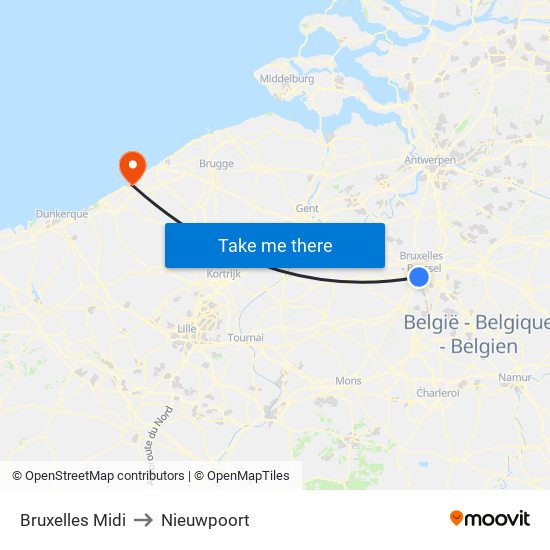 Bruxelles Midi to Nieuwpoort map
