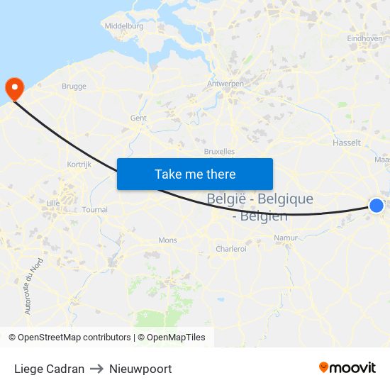 Liege Cadran to Nieuwpoort map