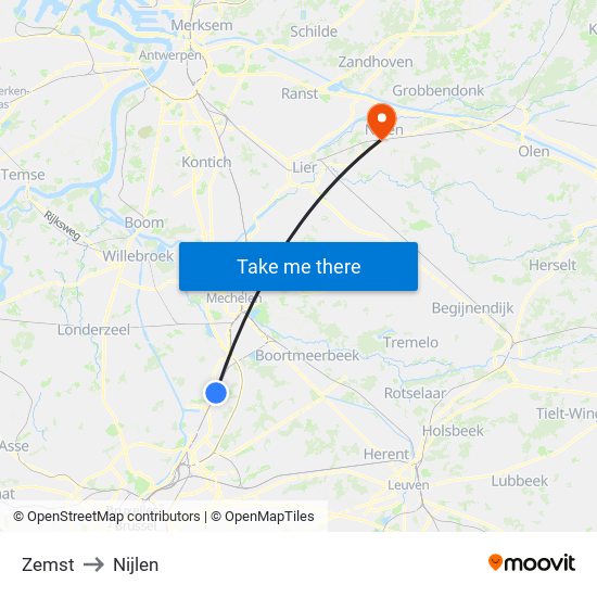 Zemst to Nijlen map