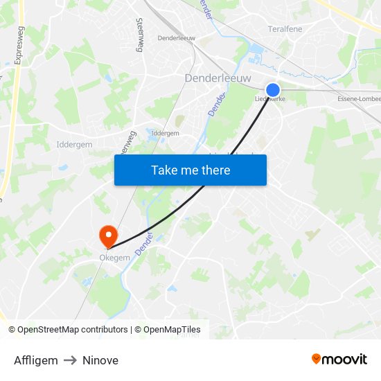 Affligem to Ninove map