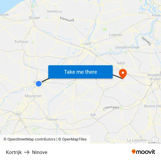 Kortrijk to Ninove map