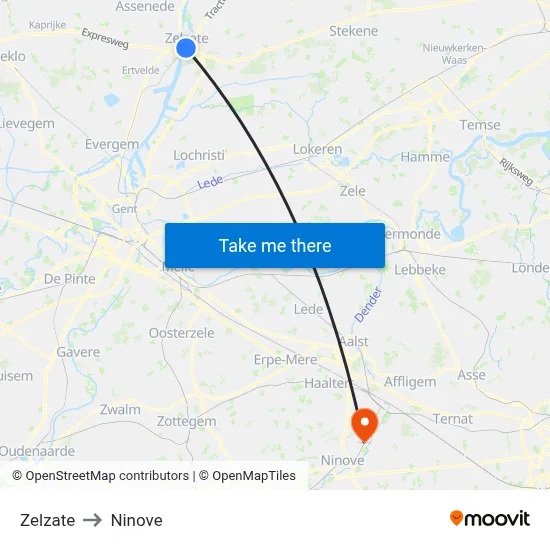 Zelzate to Ninove map