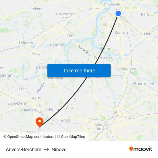 Anvers-Berchem to Ninove map
