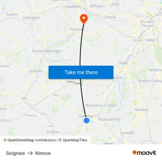 Soignies to Ninove map