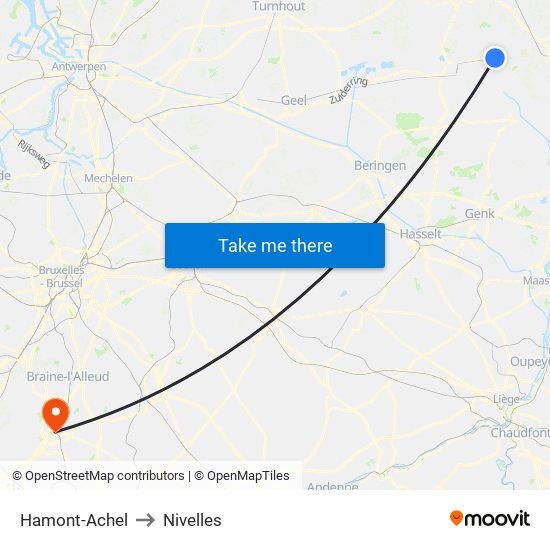 Hamont-Achel to Nivelles map