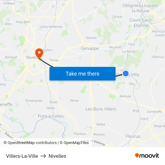 Villers-La-Ville to Nivelles map