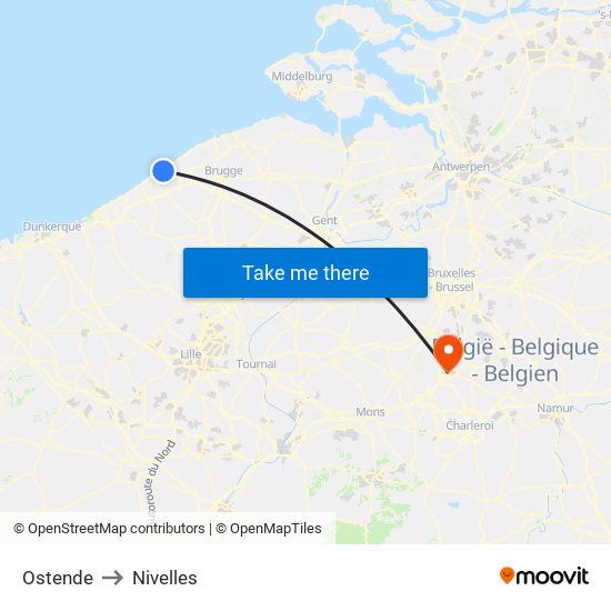Ostende to Nivelles map