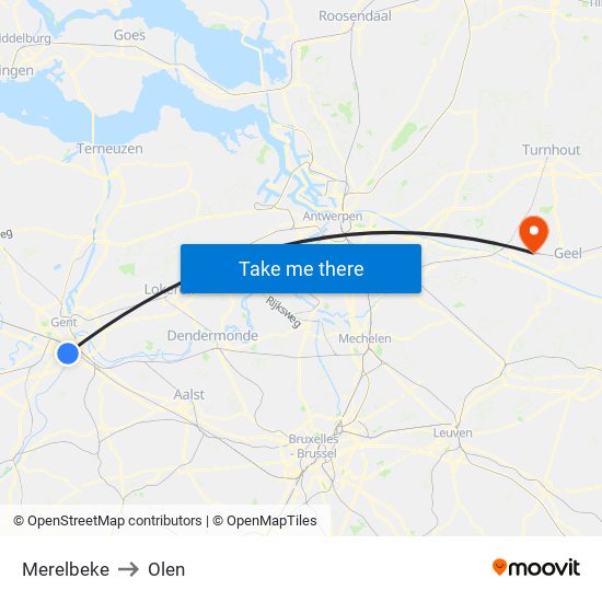 Merelbeke to Olen map