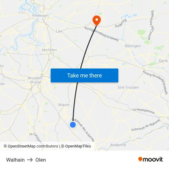 Walhain to Olen map