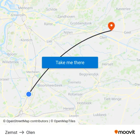 Zemst to Olen map