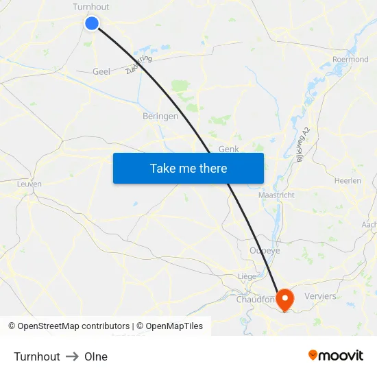 Turnhout to Olne map